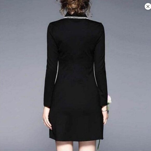 Sonja Morgan Black Collared Long Sleeve Mini Dress Beaded Trim, Size Large NWT - Picture 9 of 15